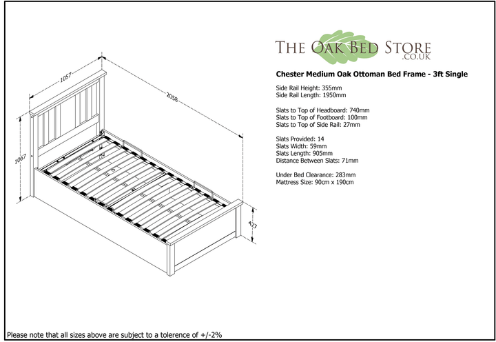 Chester Medium Oak Ottoman Storage Bed Frame - 3ft Single - The Oak Bed Store