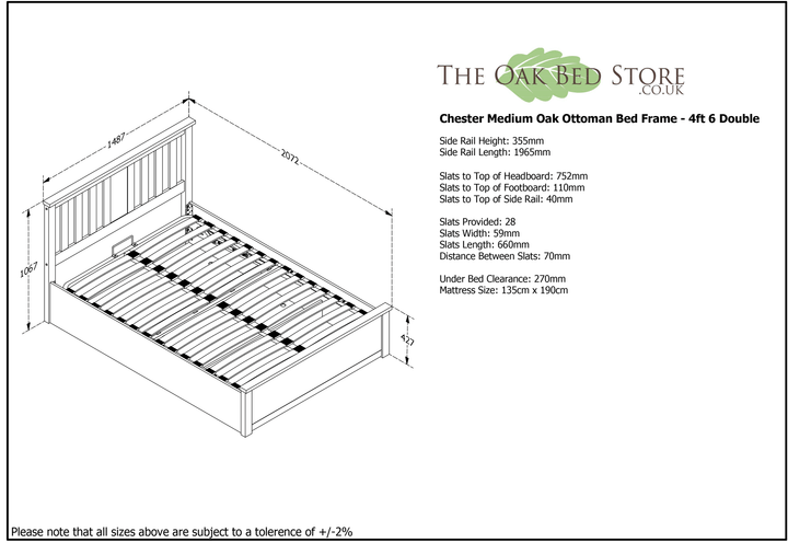 Chester Medium Oak Ottoman Storage Bed Frame - 4ft6 Double - The Oak Bed Store