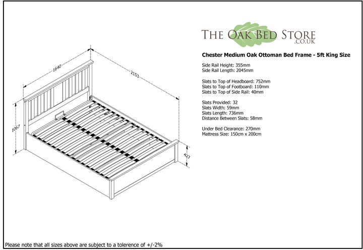 Chester Medium Oak Ottoman Storage Bed Frame - 5ft King Size - The Oak Bed Store