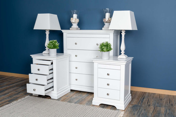 Chilgrove Bright White 3 + 1 Drawer Bedside Table - The Oak Bed Store