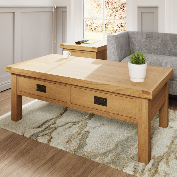 Cotswold Rustic Oak 2 Drawer Large Coffee Table - The Oak Bed Store