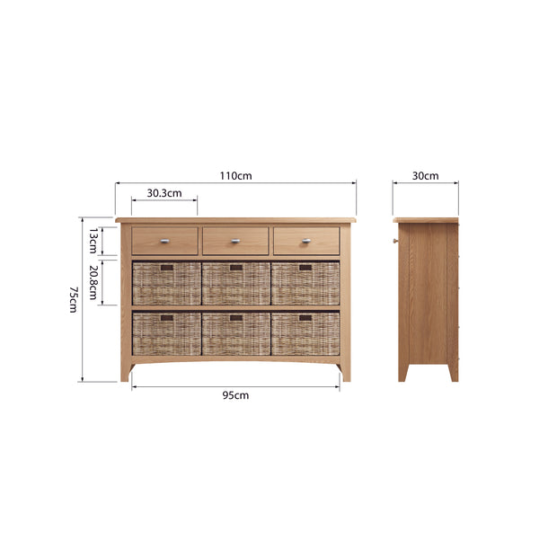 Georgia Natural Oak 3 Drawer 6 Basket Sideboard - The Oak Bed Store