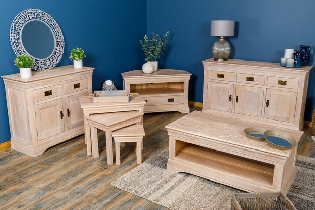 Hampshire White Washed Natural Oak Corner TV Unit - The Oak Bed Store
