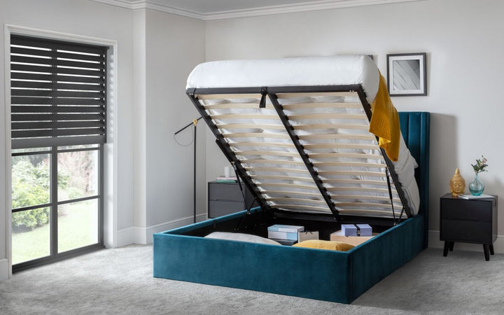 Langley Velvet Fabric Ottoman Storage Bed Frame - 5ft King Size - The Oak Bed Store