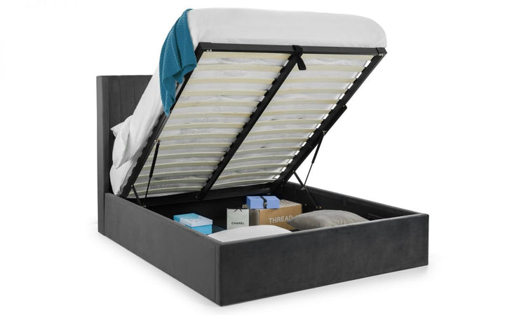 Langley Velvet Fabric Ottoman Storage Bed Frame - 5ft King Size - The Oak Bed Store