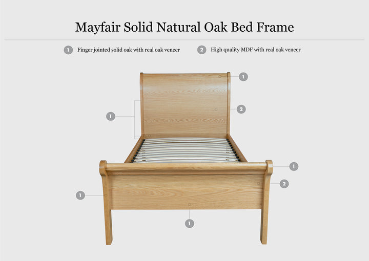 Mayfair Solid Natural Oak Sleigh Bed Frame - 3ft Single - The Oak Bed Store