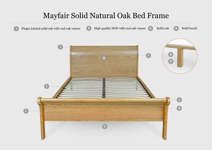 Mayfair Solid Natural Oak Sleigh Bed Frame - 4ft6 Double - The Oak Bed Store