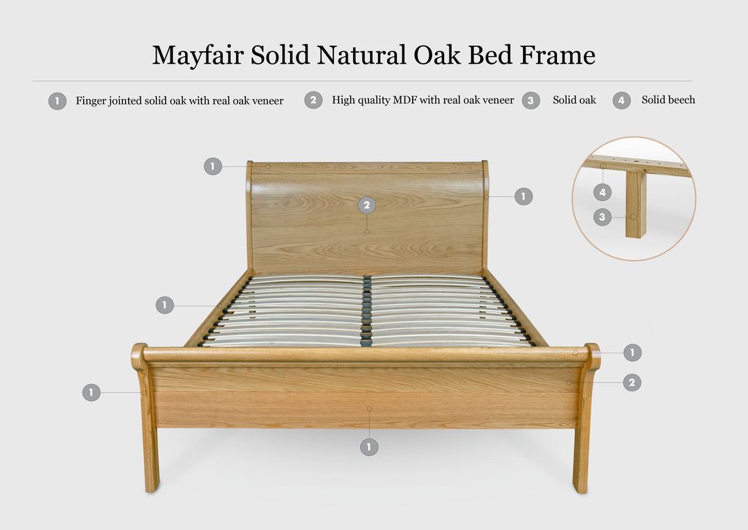 Mayfair Solid Natural Oak Sleigh Bed Frame - 5ft King Size - The Oak Bed Store