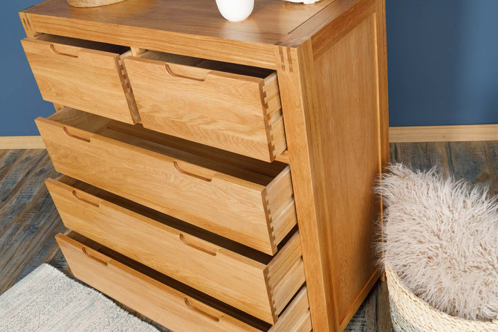 Natural Oak 2 Over 3 Drawer Chest of Drawers - Style 5 - The Oak Bed Store