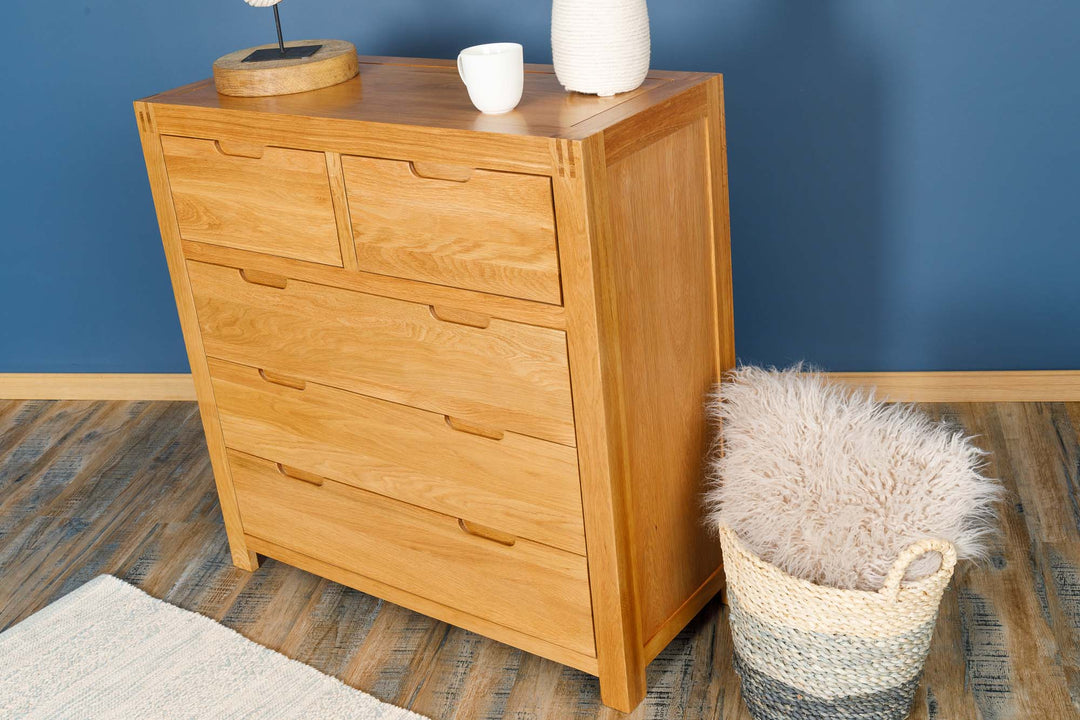 Natural Oak 2 Over 3 Drawer Chest of Drawers - Style 5 - The Oak Bed Store