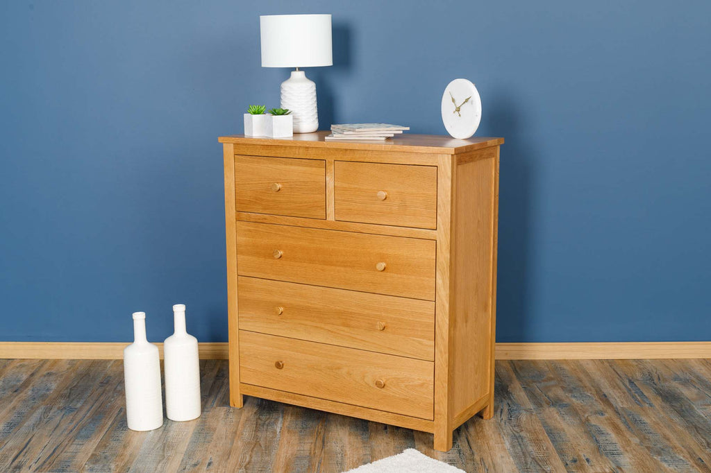 Natural Oak 2 Over 3 Drawer Chest of Drawers - Style 6 - The Oak Bed Store