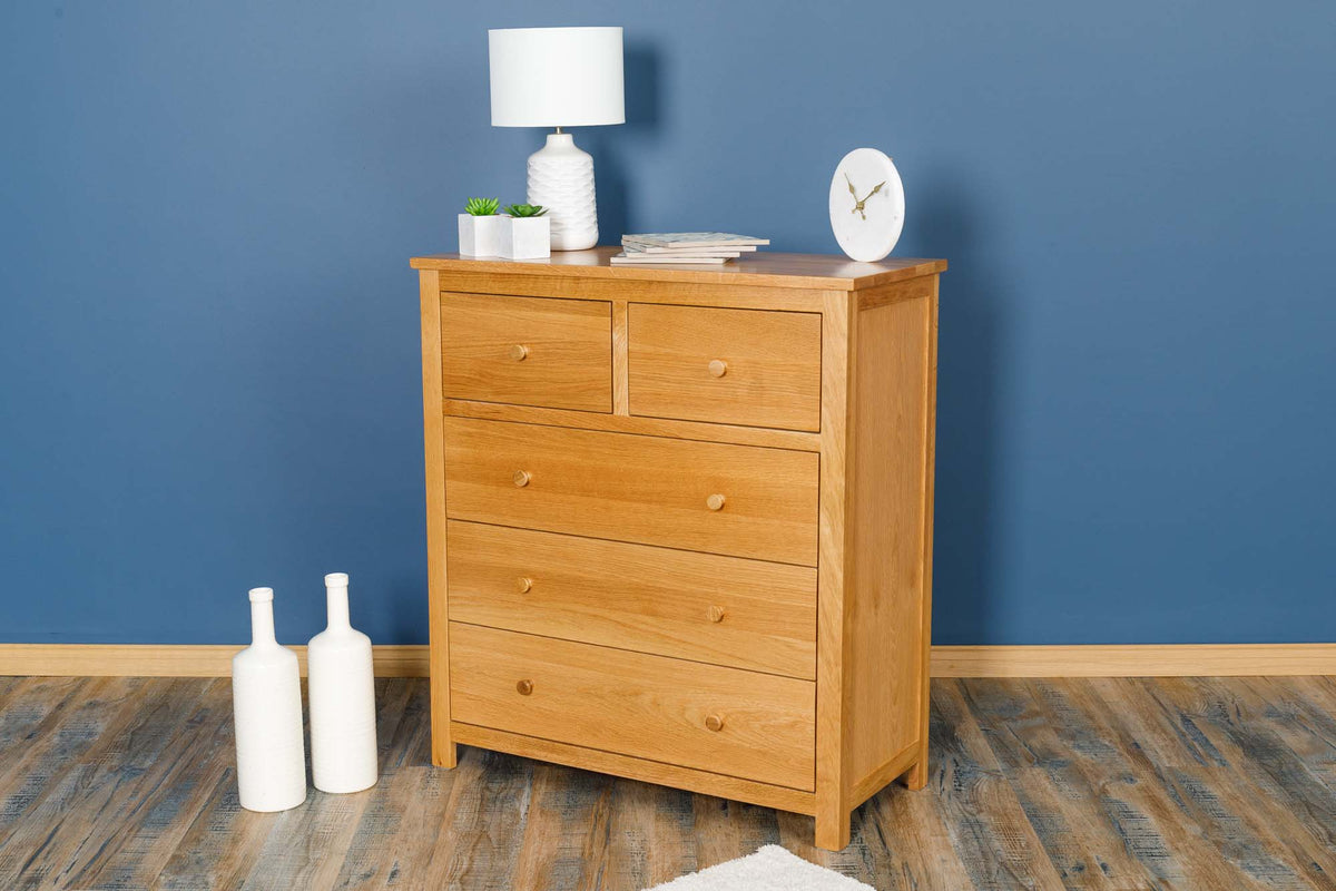 Natural Oak 2 Over 3 Drawer Chest of Drawers - Style 6 - The Oak Bed Store