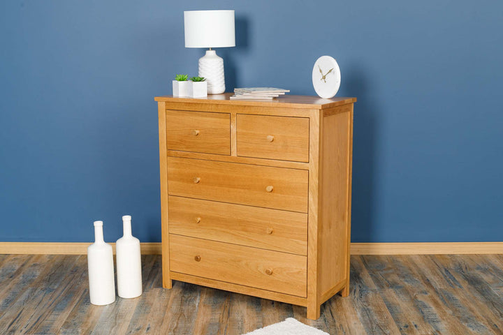 Natural Oak 2 Over 3 Drawer Chest of Drawers - Style 6 - The Oak Bed Store