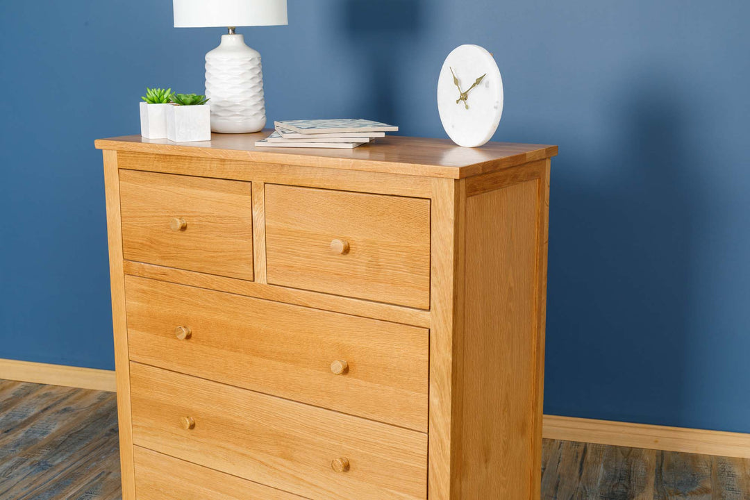 Natural Oak 2 Over 3 Drawer Chest of Drawers - Style 6 - The Oak Bed Store