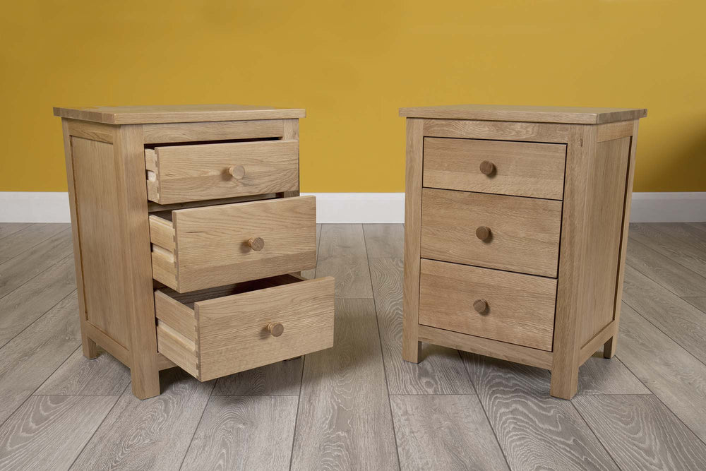 Natural Oak 2+1 Drawer Bedside Table - Style 6 - The Oak Bed Store