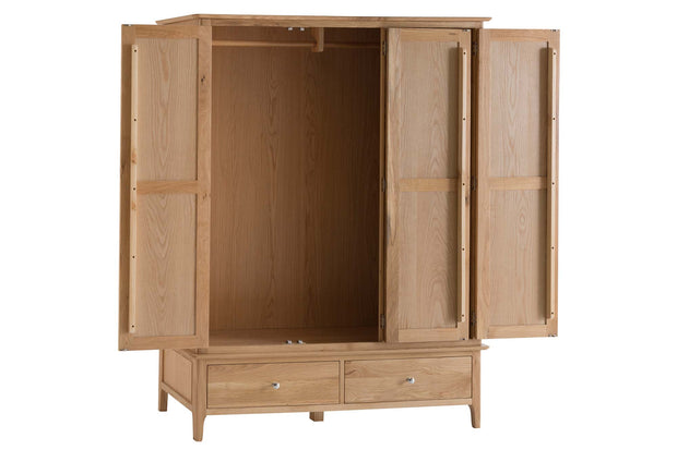 New Thornton Natural Oak Large 2 Drawer Triple Wardrobe - The Oak Bed Store