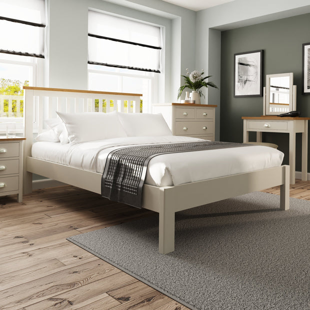 Roman Wooden Bed Frame - 4ft6 Double - TRUFFLE AND RUSTIC OAK - B GRADE - The Oak Bed Store