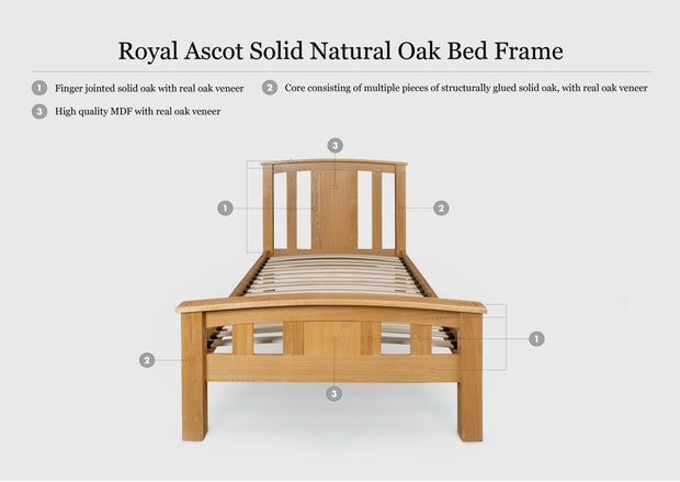 Royal Ascot Solid Natural Oak Bed Frame - 3ft Single - The Oak Bed Store
