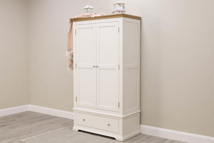 Westcott Soft White & Natural Oak 1 Drawer Double Wardrobe - The Oak Bed Store