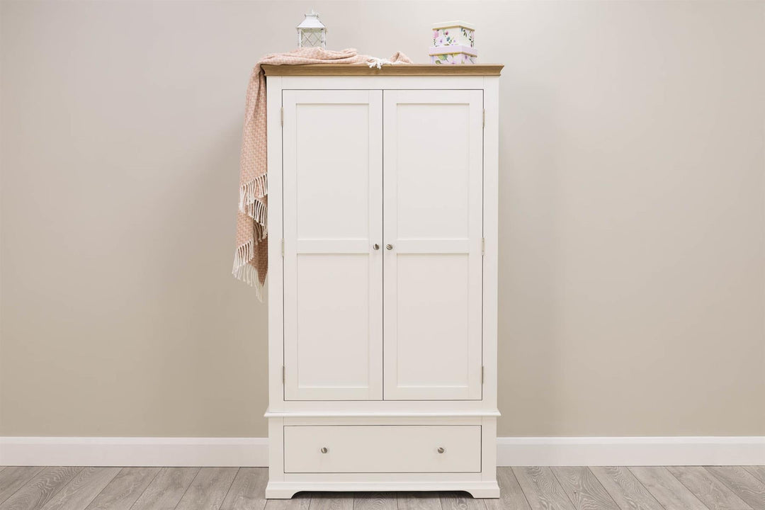 Westcott Soft White & Natural Oak 1 Drawer Double Wardrobe - The Oak Bed Store