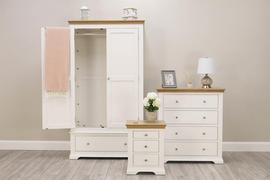 Westcott Soft White & Natural Oak 1 Drawer Double Wardrobe - The Oak Bed Store