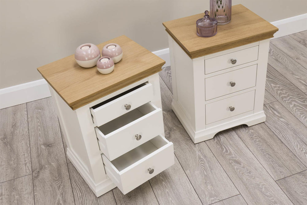 Westcott Soft White & Natural Oak 2 + 1 Drawer Bedside Table - The Oak Bed Store