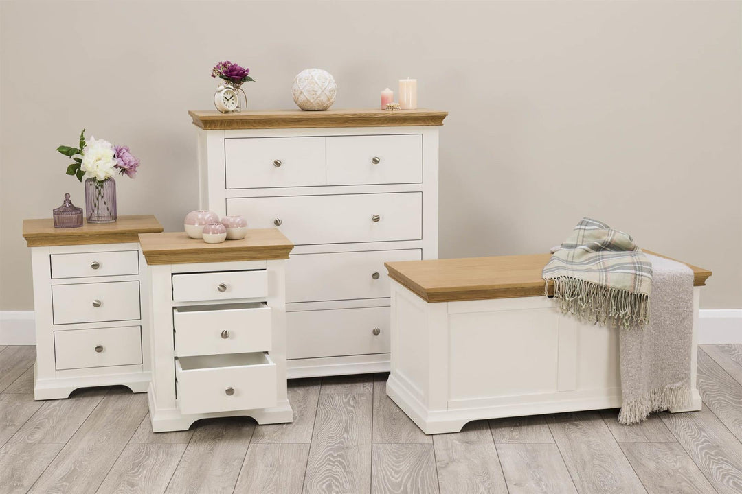 Westcott Soft White & Natural Oak 2 + 1 Drawer Bedside Table - The Oak Bed Store