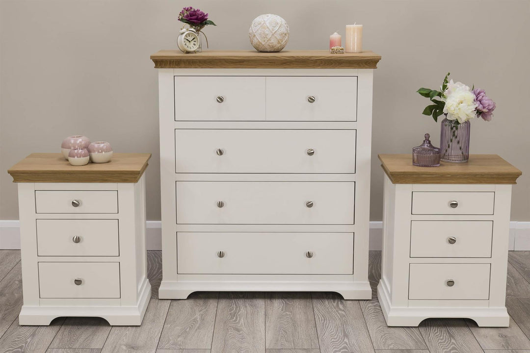 Westcott Soft White & Natural Oak 2 + 1 Drawer Bedside Table - The Oak Bed Store