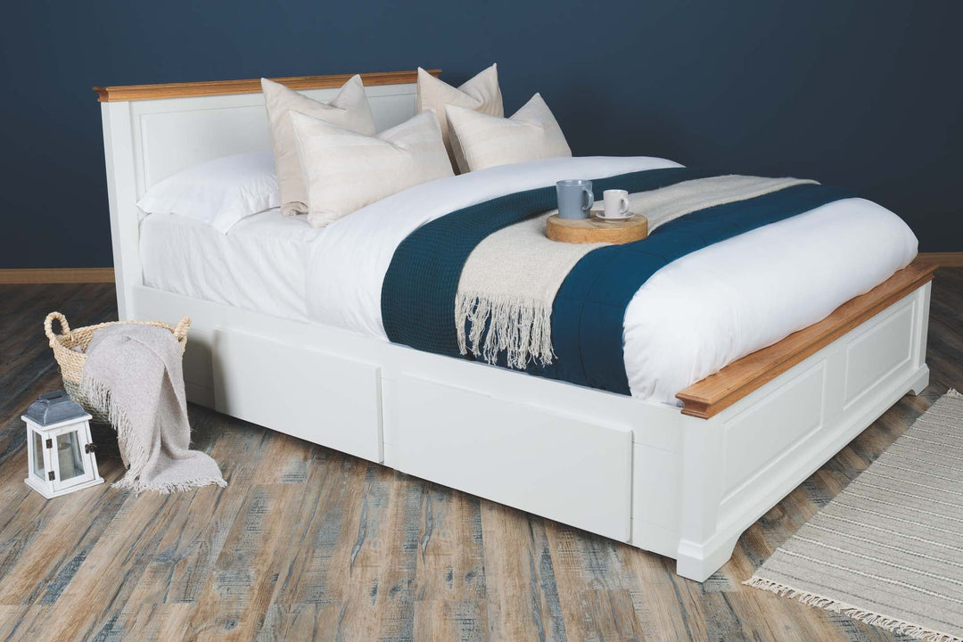 Westcott Soft White & Natural Oak Solid Wood Storage Bed Frame - 4ft6 Double - The Oak Bed Store