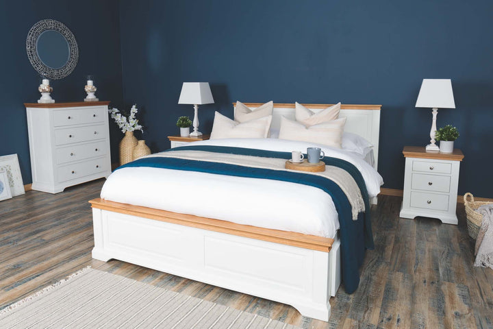 Westcott Soft White & Natural Oak Solid Wood Storage Bed Frame - 4ft6 Double - The Oak Bed Store