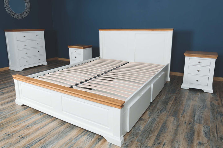 Westcott Soft White & Natural Oak Solid Wood Storage Bed Frame - 4ft6 Double - The Oak Bed Store