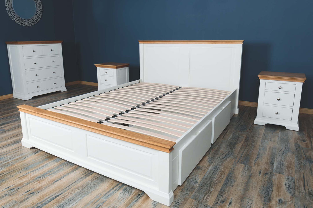 Westcott Soft White & Natural Oak Solid Wood Storage Bed Frame - 5ft King Size - The Oak Bed Store