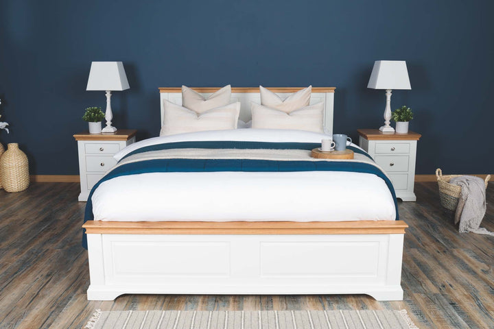 Westcott Soft White & Natural Oak Solid Wood Storage Bed Frame - 5ft King Size - The Oak Bed Store