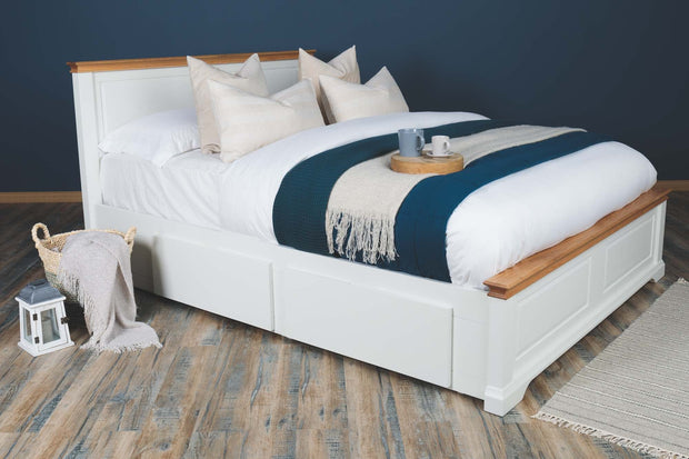 Westcott Soft White & Natural Oak Solid Wood Storage Bed Frame - 6ft Super King - The Oak Bed Store