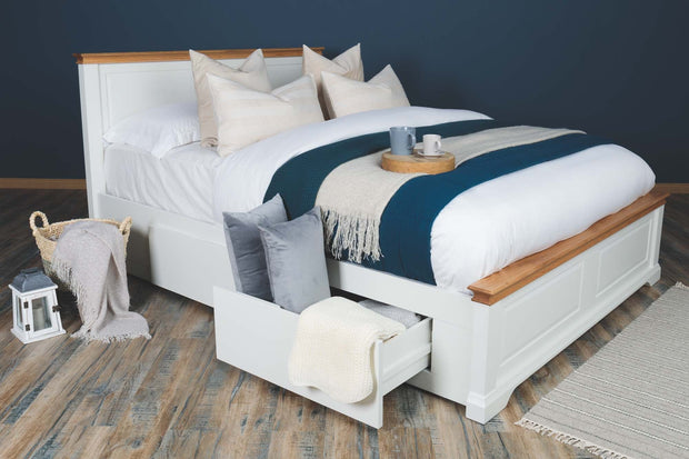 Westcott Soft White & Natural Oak Solid Wood Storage Bed Frame - 6ft Super King - The Oak Bed Store