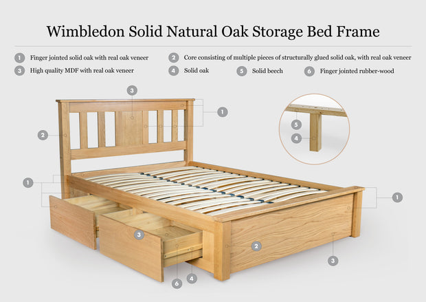 Wimbledon Solid Natural Oak Storage Bed Frame - 4ft6 Double - The Oak Bed Store
